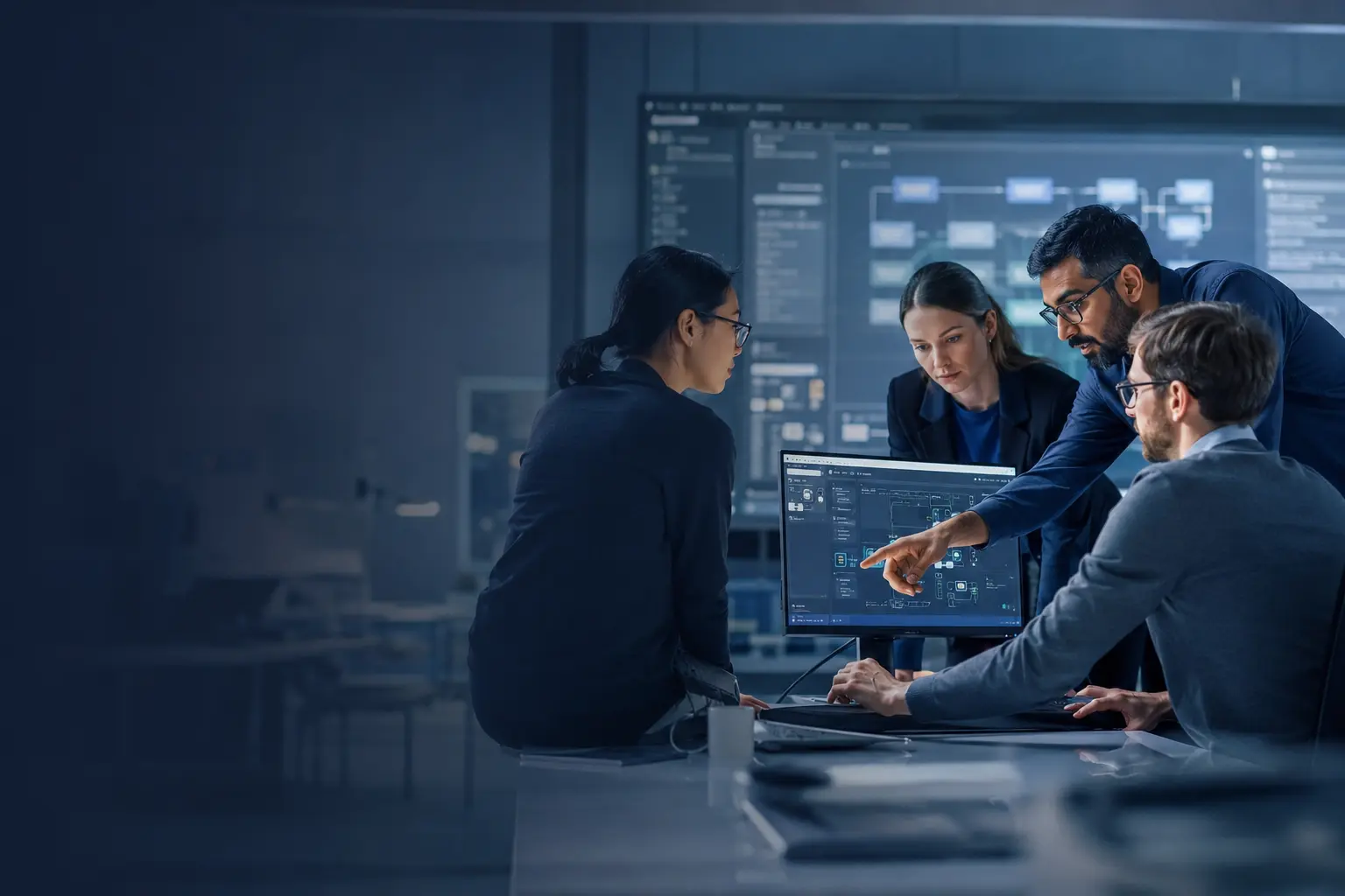 Software engineers and a solution architect reviewing a system design