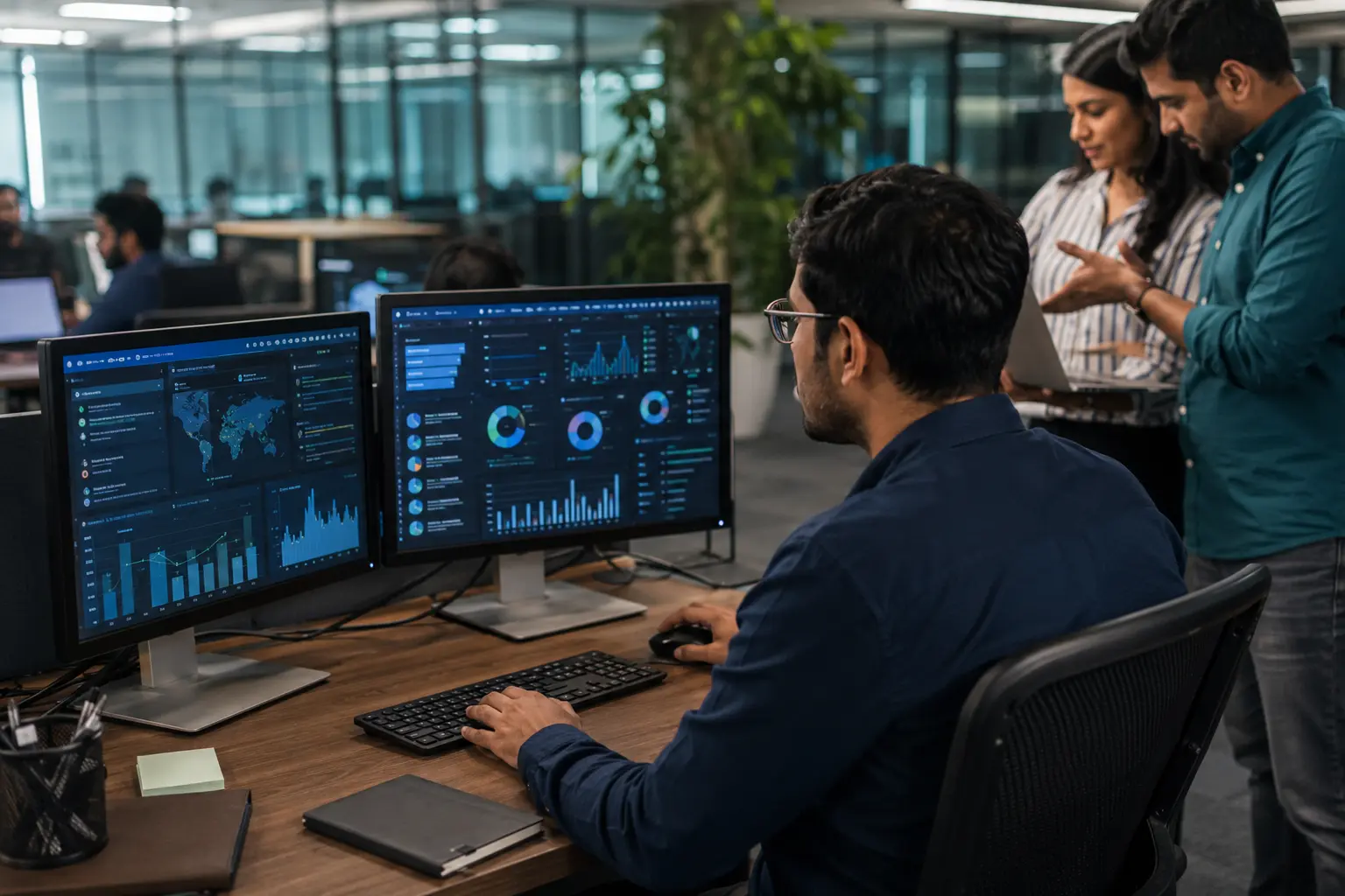 Photorealistic business concept for Integrations & reporting: service data connected to useful measures.
