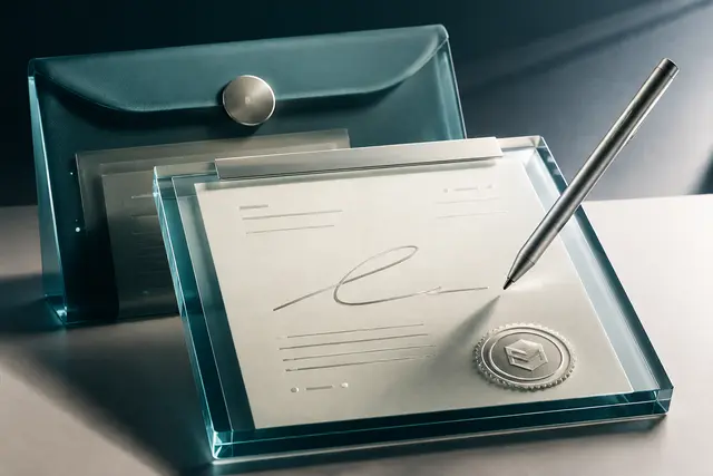 Photorealistic business concept for Zoho Sign: digital signatures & agreement records.