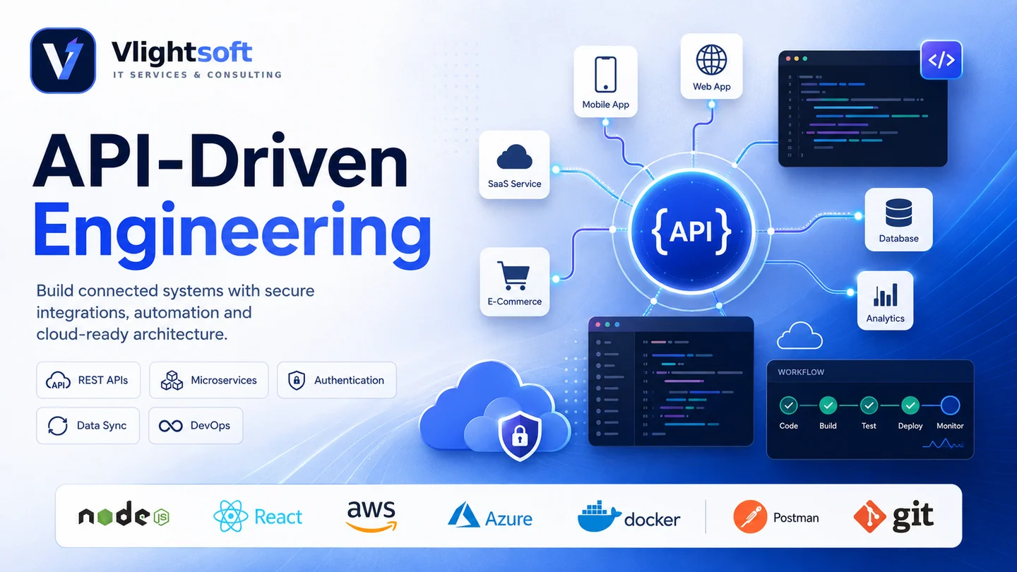 Vlightsoft capability presentation: API Driven Engineering Hub. Illustrative interfaces, not a client case study.