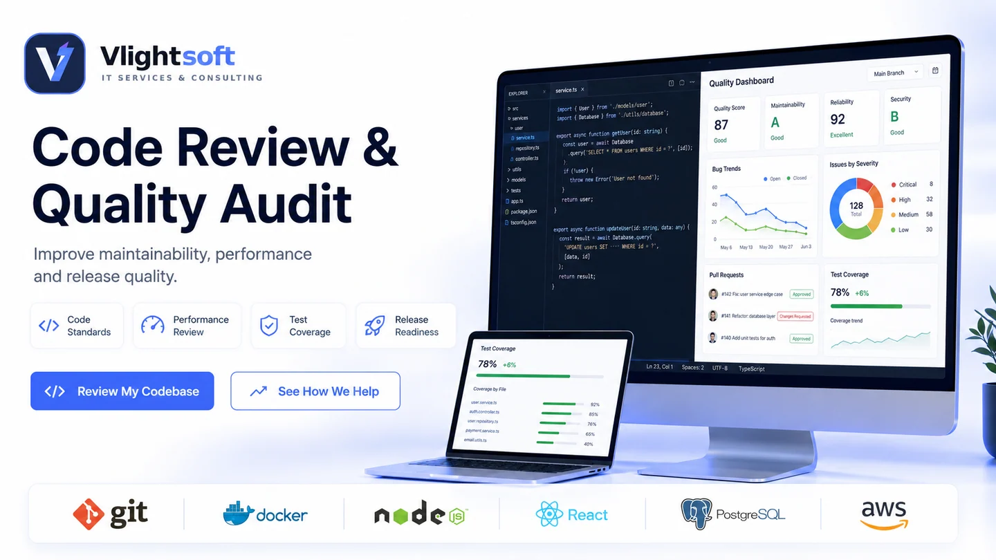 Vlightsoft capability presentation: Code Review Quality Audit. Illustrative interfaces, not a client case study.