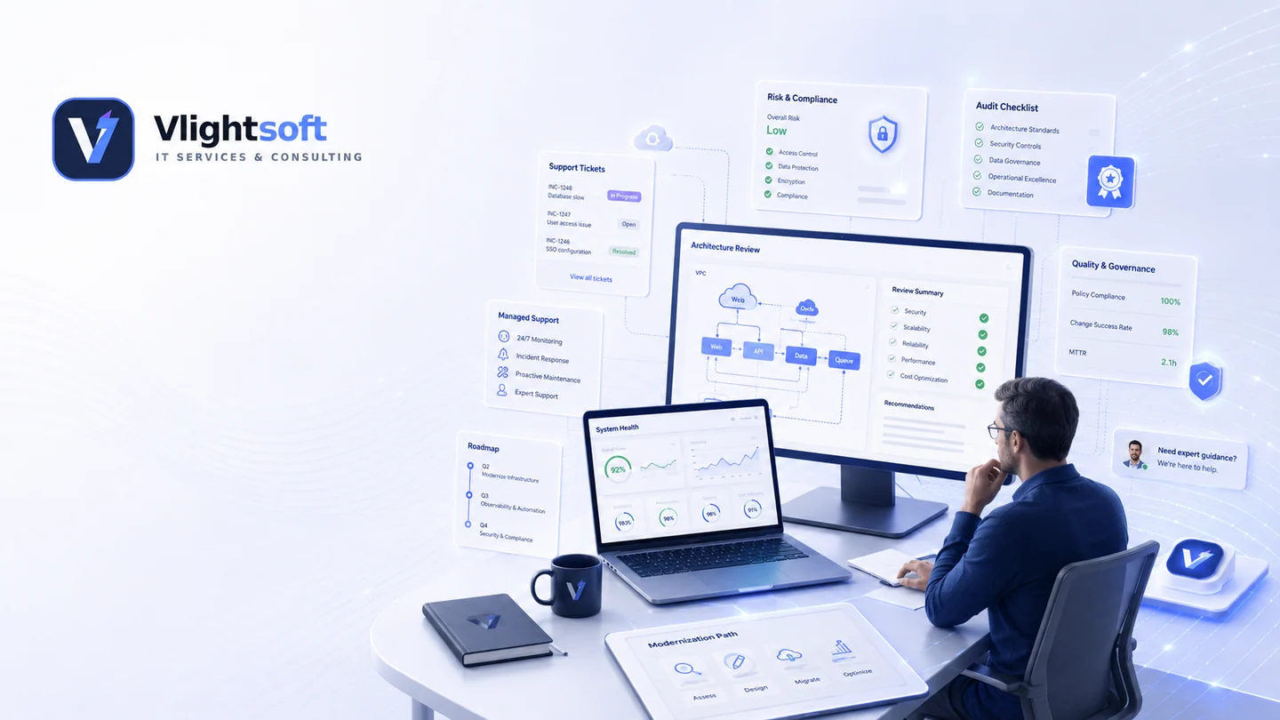 Vlightsoft capability presentation: IT Command Center. Illustrative interfaces, not a client case study.