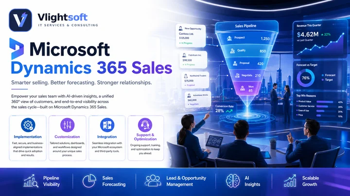 Vlightsoft capability presentation: Dynamics 365 Sales Command Center. Illustrative interfaces, not a client case study.