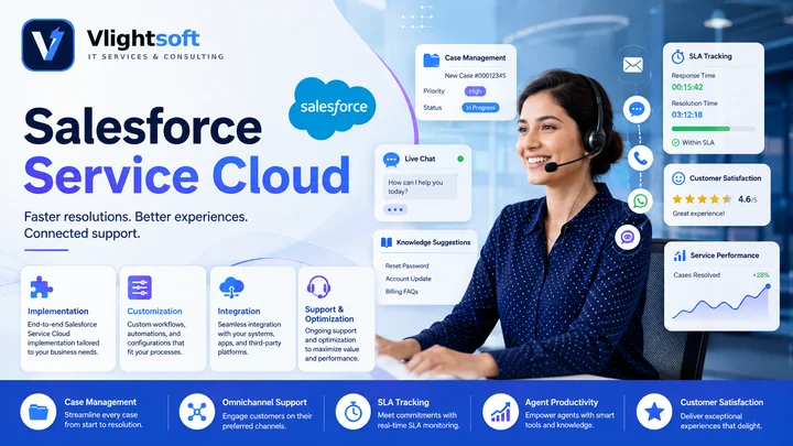 Vlightsoft capability presentation: Salesforce Service Cloud Support Solutions. Illustrative interfaces, not a client case study.