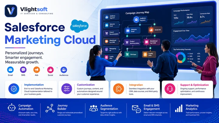 Vlightsoft capability presentation: Salesforce Marketing Cloud Journey Builder. Illustrative interfaces, not a client case study.