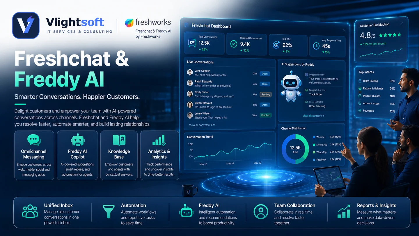 Vlightsoft capability presentation: Freshchat AI Dashboard. Illustrative interfaces, not a client case study.