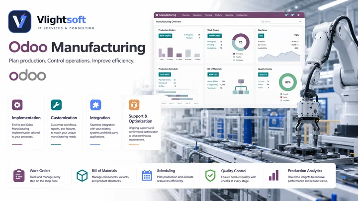 Vlightsoft capability presentation: Odoo Manufacturing Automation Dashboard. Illustrative interfaces, not a client case study.