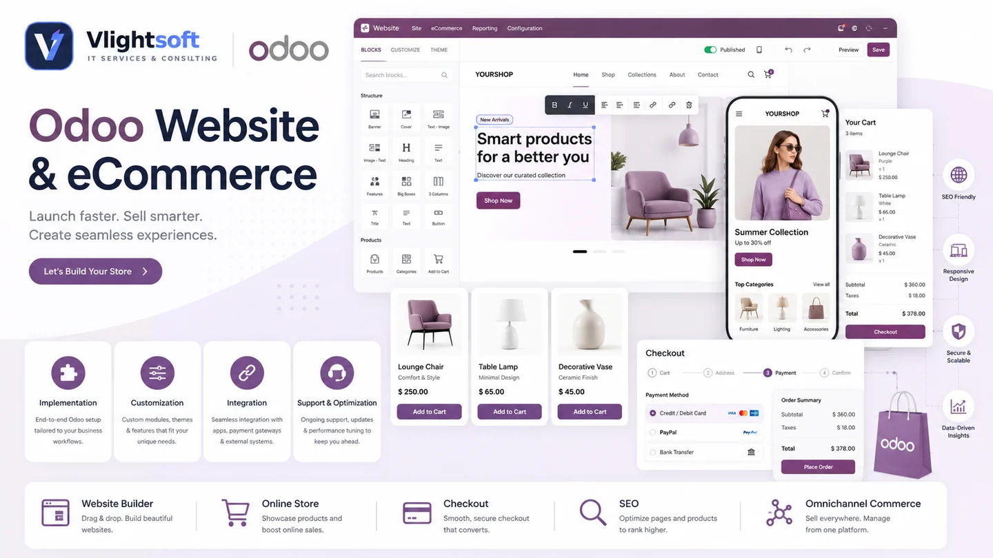 Vlightsoft capability presentation: Odoo Ecommerce Showcase. Illustrative interfaces, not a client case study.